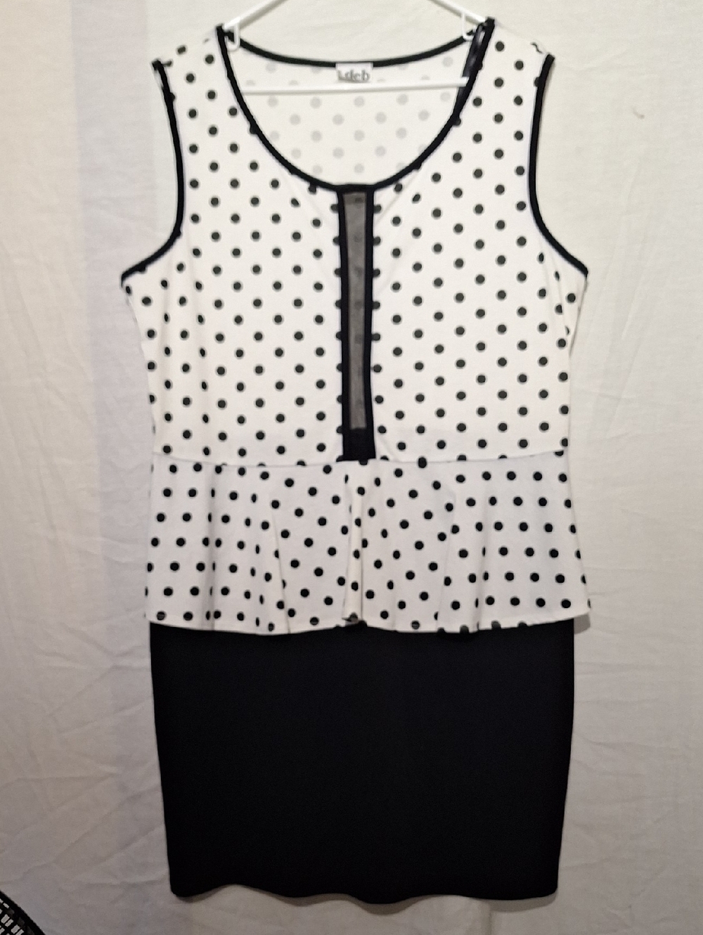 Deb Black and White Polka Dot Peplum Midi Dress, Sleeveless With Ruffle, Sz 18,